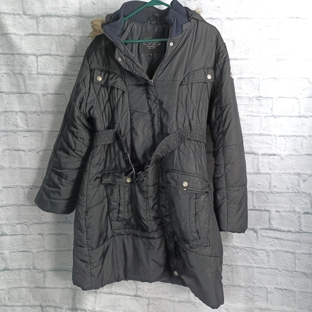 Coogi Coat Womens 3X Black Hooded Quilted Belted Fur Trim Winter Parka